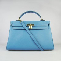 Hermes Kelly 35Cm Togo Leather Handbag Light Blue/Gold